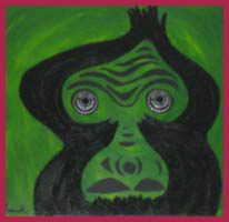green ape head painting with beer cap eyes